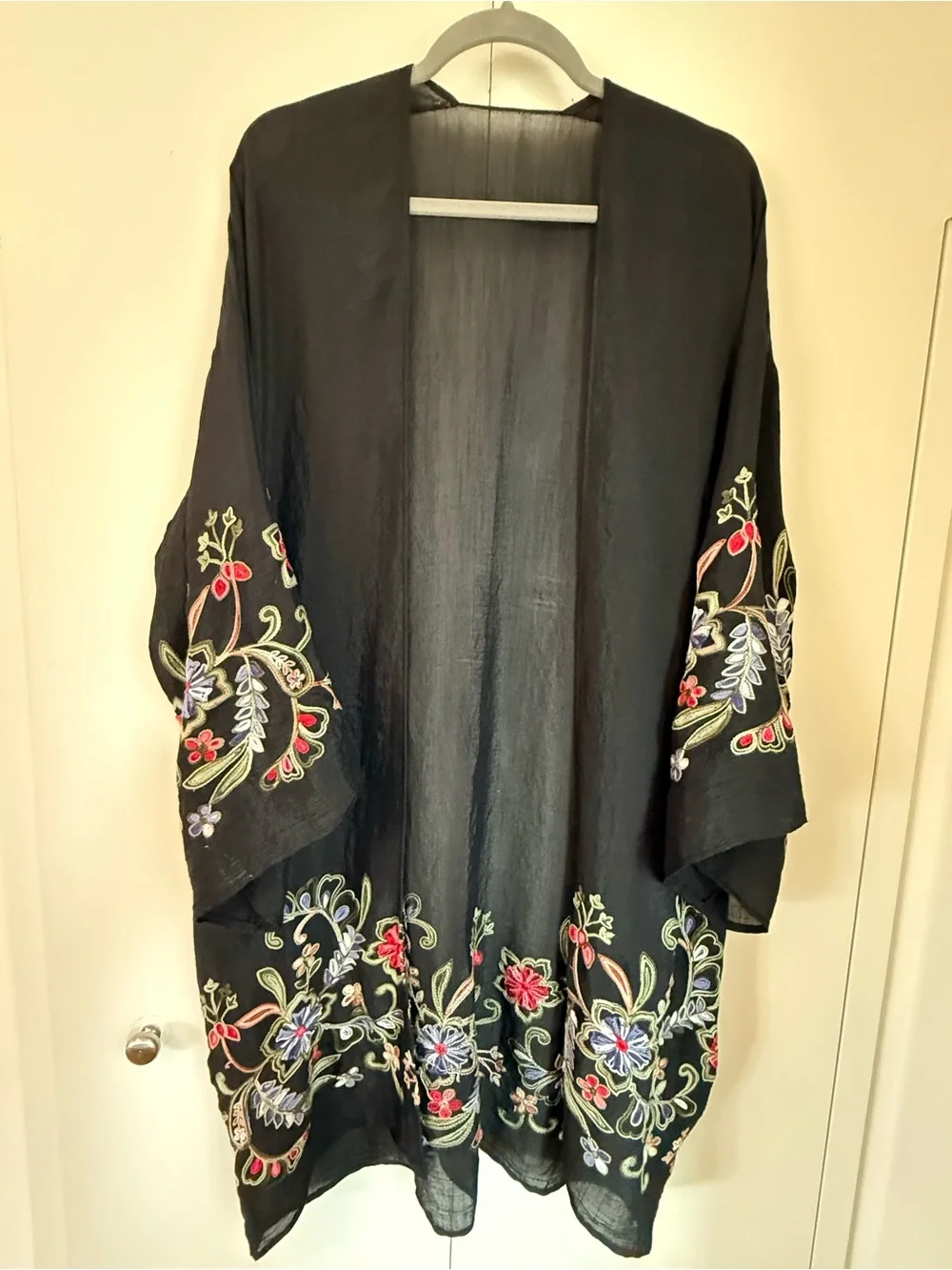Black Embroidered Floral Kimono Cover-Up